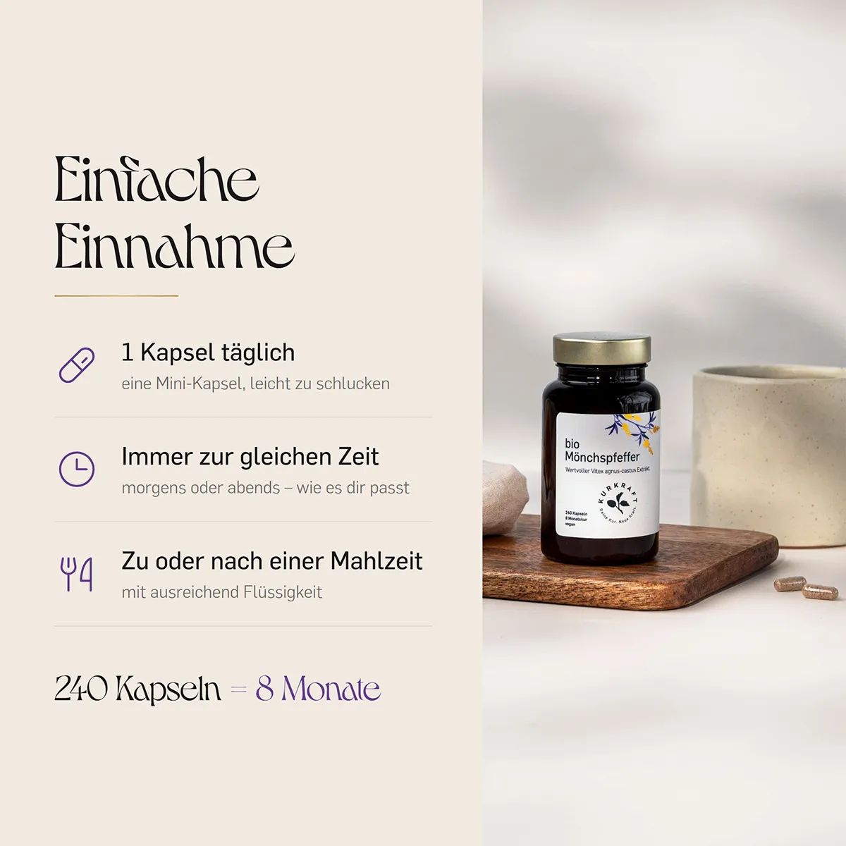 Flasche bio Mönchspfeffer Kapseln, 240 Kapseln = 8 Monate Vorrat. Einfache Einnahme: 1 Kapsel täglich.