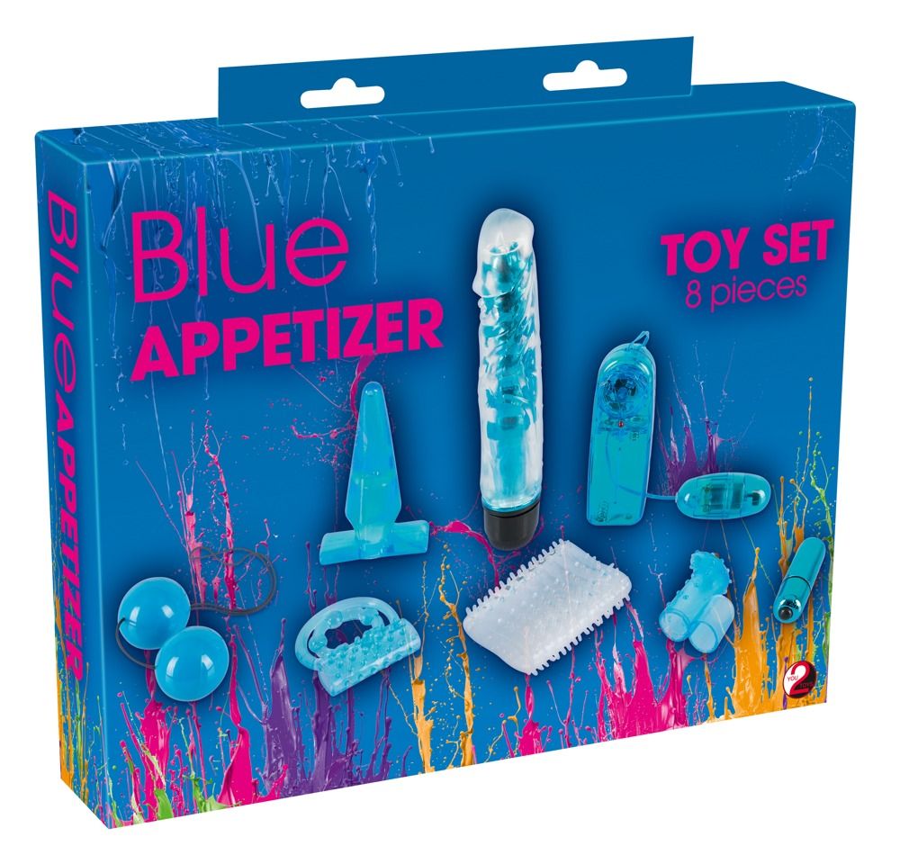 Verpackung mit dem Set "Blue Appetizer". Enthält verschiedene blaue Sexspielzeuge. Text: "TOY SET 8 pieces".