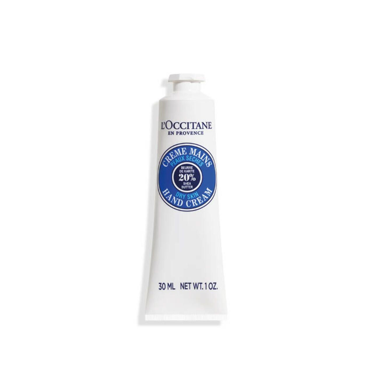 Weiße Tube Handcreme mit blauem Etikett, 30 ml.