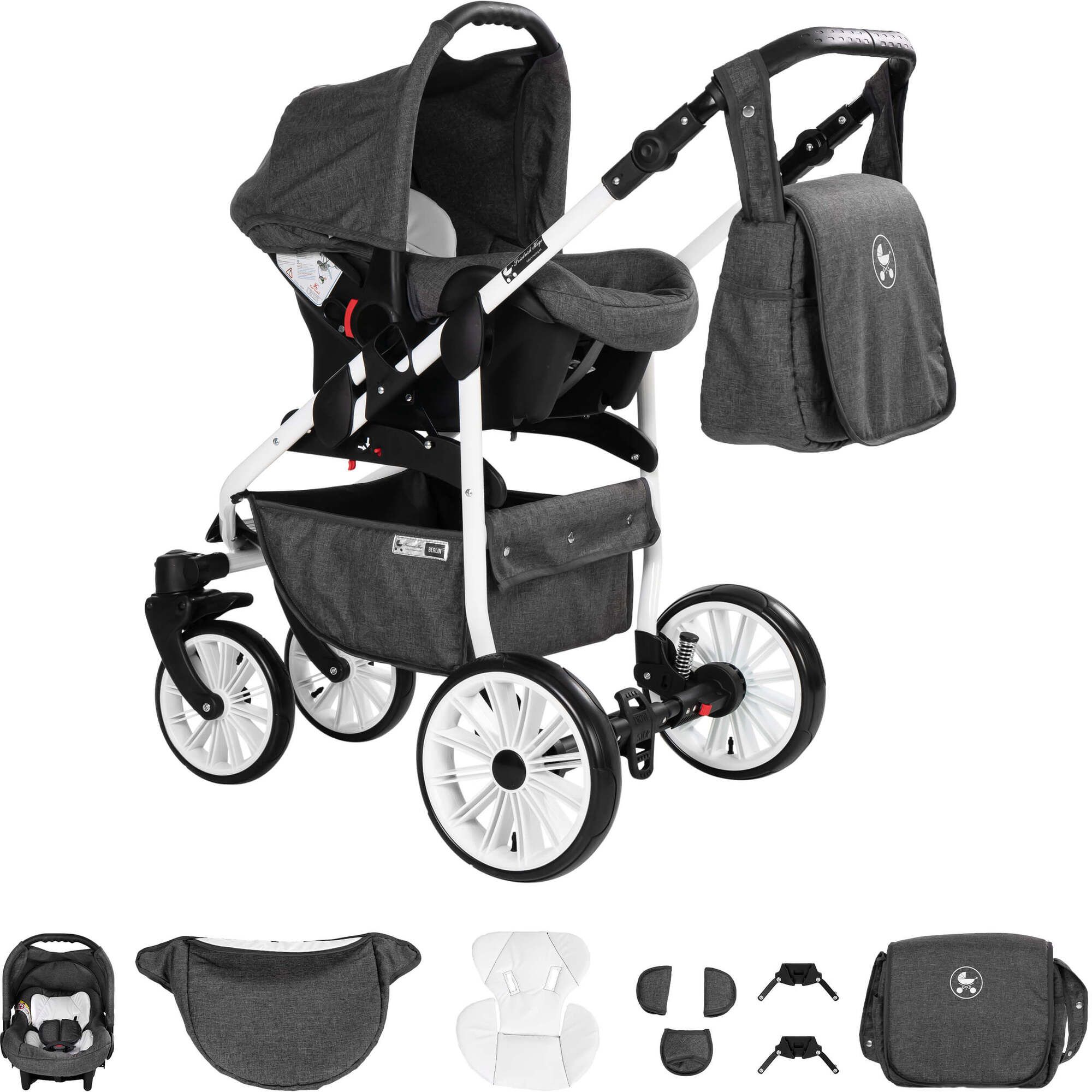 Friedrich Hugo Berlin 3 in 1 Kinderwagen Set Luftreifen, Dark Grey and White Day