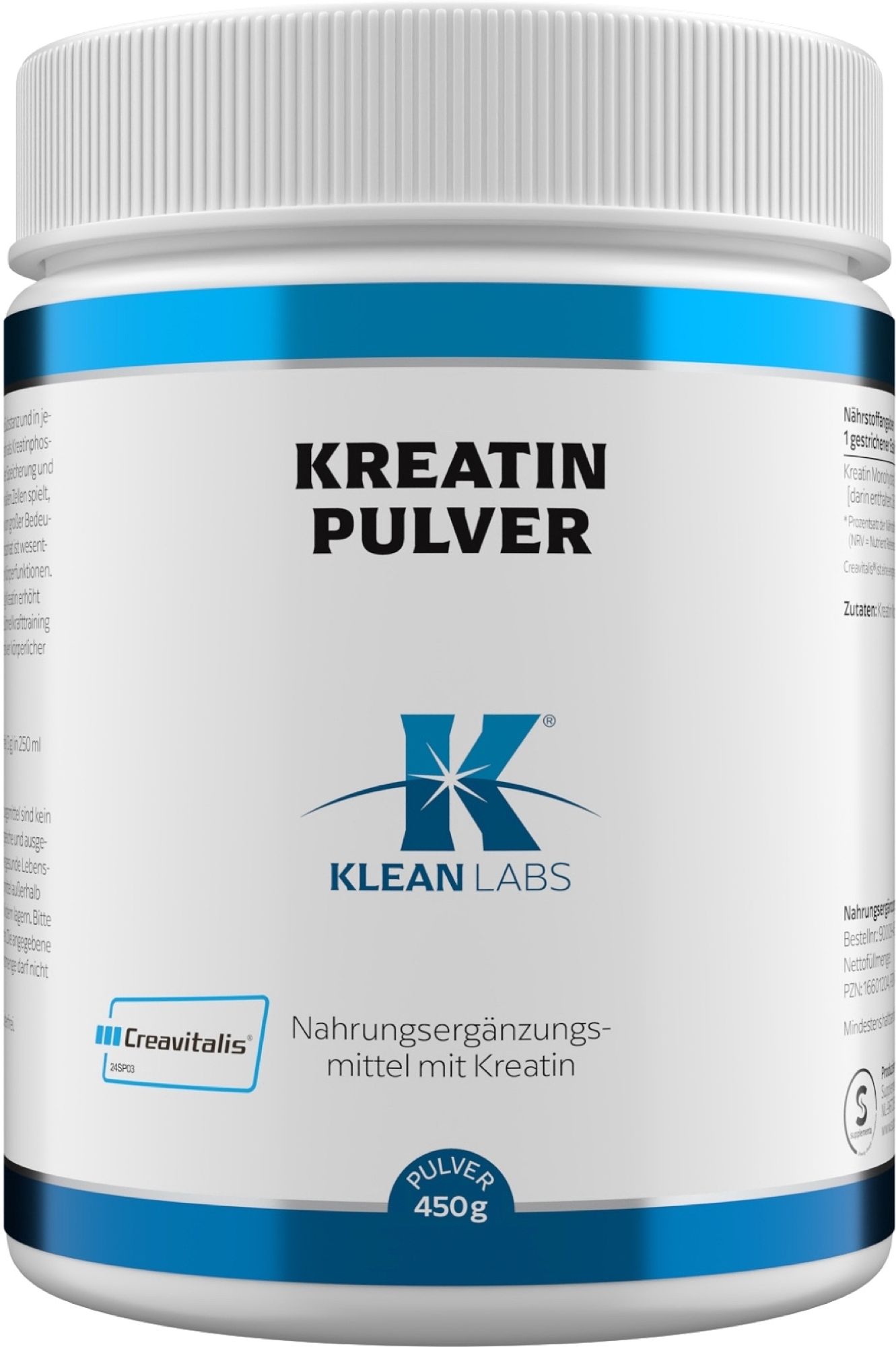 Klean Labs Kreatin Creavitalis Pulver 450g. Weißer Behälter mit blauen Akzenten und Produktinformationen.