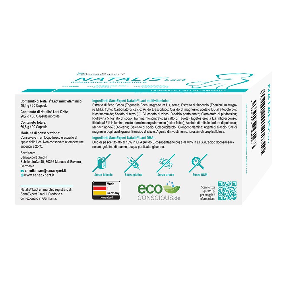 Rückseite der SanaExpert Natalis Lact Verpackung. Inhaltsstoffe, Logos: Glutenfrei, Laktosefrei, Ohne Konservierungsstoffe, Ohne GMO.