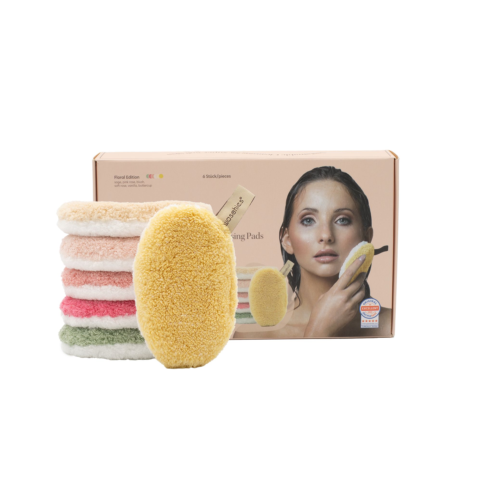 Abschminkpads "Floral Edition" in Verpackung. Sechs Pads und ein einzelnes gelbes Pad. Aufdruck mit Model und Produktabbildung.