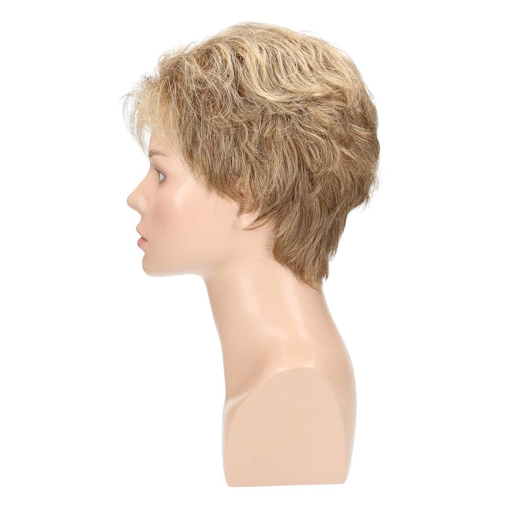 Perücke Ellen von Lofty, blond, auf einer Büste. Kurze, gewellte Haare. Seitenansicht.