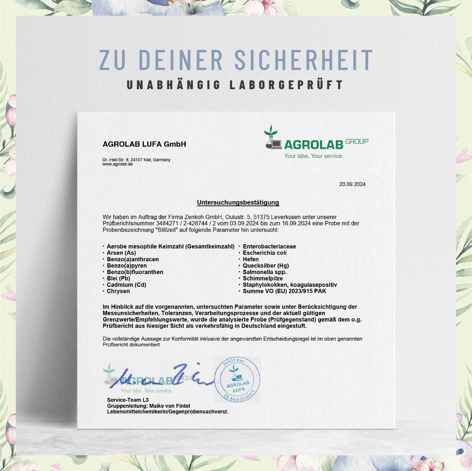 Zertifikat der AGROLAB LUFA GmbH. Unterschriftsbereich. Text: "ZU DEINER SICHERHEIT UNABHÄNGIG LABORGEPRÜFT".