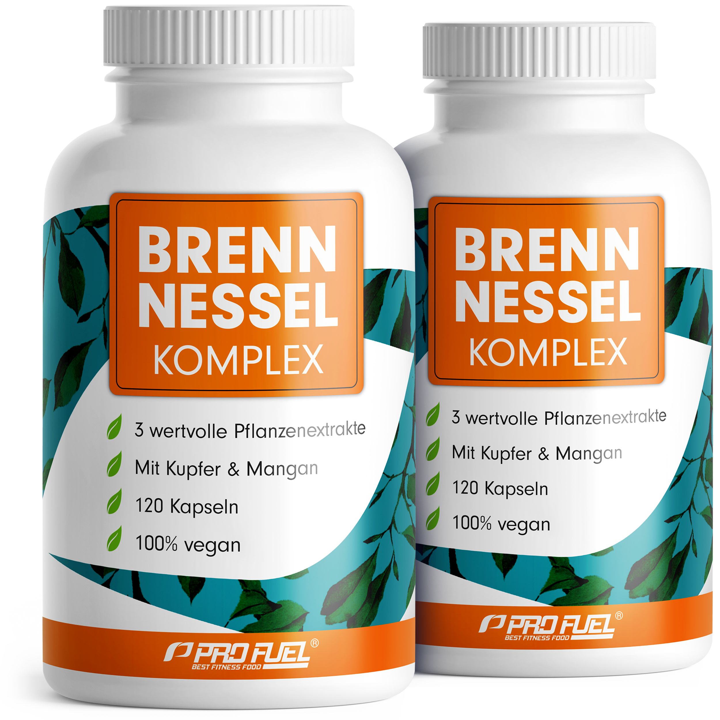 Zwei weiße Flaschen Brennnessel Komplex Kapseln. Aufschrift: 120 Kapseln, 100% vegan. Logo: ProFuel.
