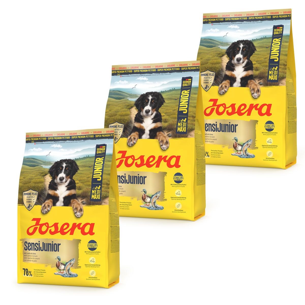 Drei Säcke Josera SensiJunior Hundefutter mit Welpenmotiv.