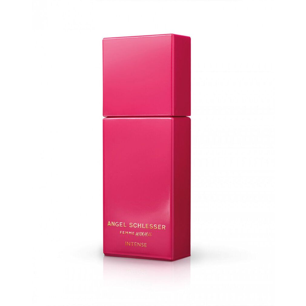 Rosa Parfumflakon mit rechteckiger Form. Aufschrift: Angel Schlesser Femme Adorable Intense.