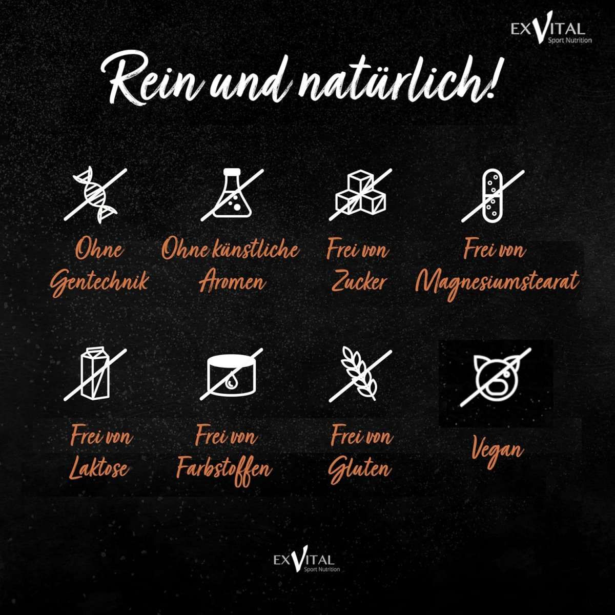 Icons auf schwarzem Hintergrund. Icons: Ohne Gentechnik, Aromen, Zucker, Magnesiumstearat, Laktose, Farbstoffe, Gluten, Vegan.