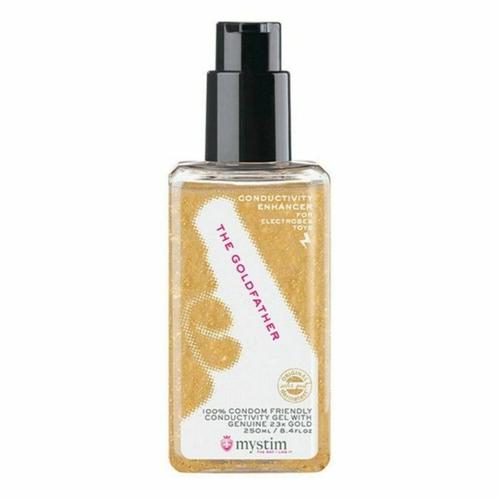 Klare Flasche mit goldenem Gel. Schwarzer Pumpverschluss. Aufschrift: "The Goldfather". Marke: Mystim.
