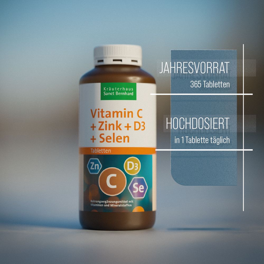 Braune Tablettenflasche mit weißem Deckel. Aufschrift: Vitamin C + Zink + D3 + Selen. Enthält 365 Tabletten. Hochdosiert.