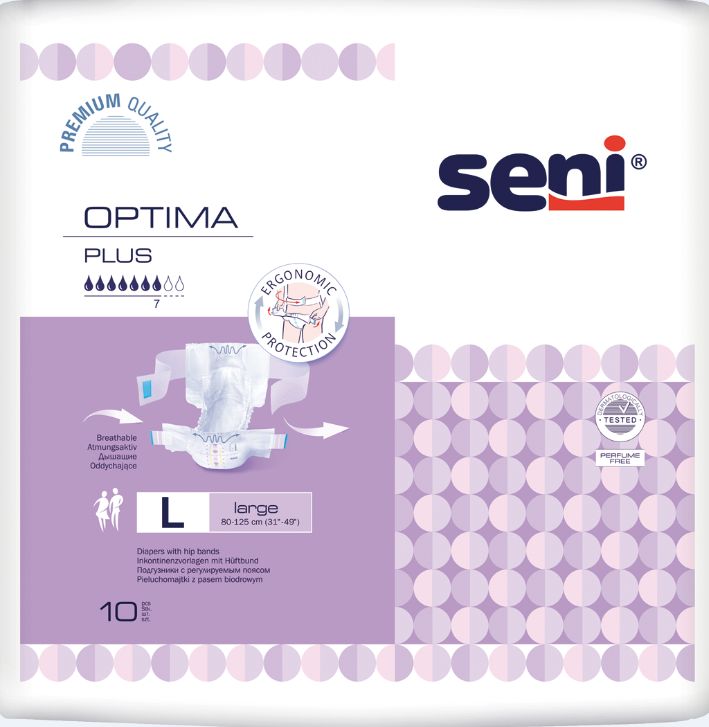 Seni Optima Plus Windeln, Größe L, in Verpackung. Ergonomischer Schutz, atmungsaktiv. 10 Stück.