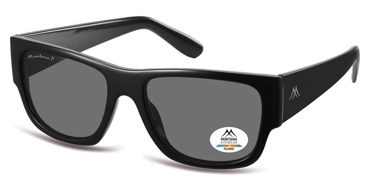 Schwarze Sonnenbrille mit grauen Gläsern. Montana Eyewear Logo und Polarized-Aufkleber. Schräge Ansicht.