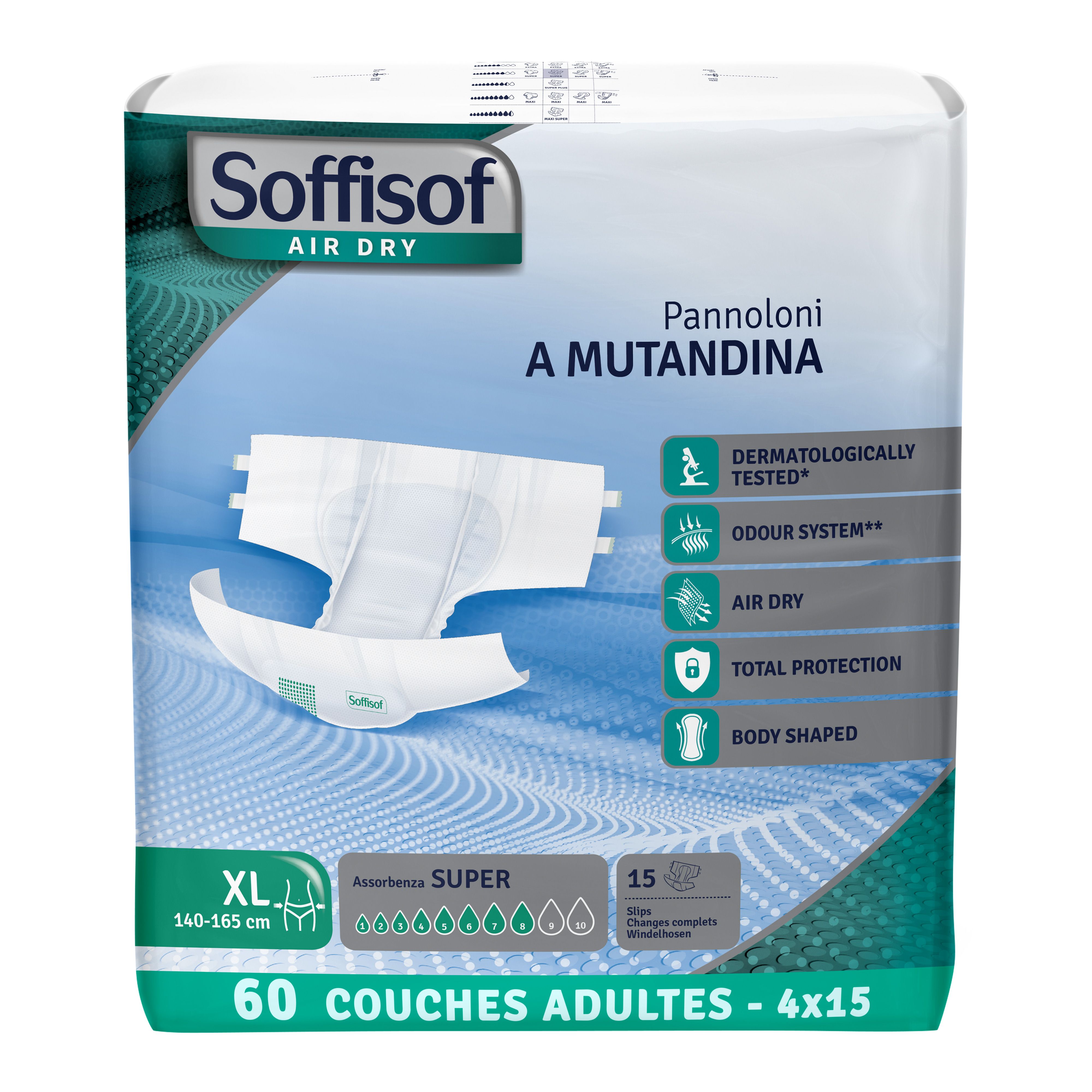Soffisof Air Dry Super, XL, 60 couches adultes. Testé dermatologiquement, système anti-odeurs, respirant.