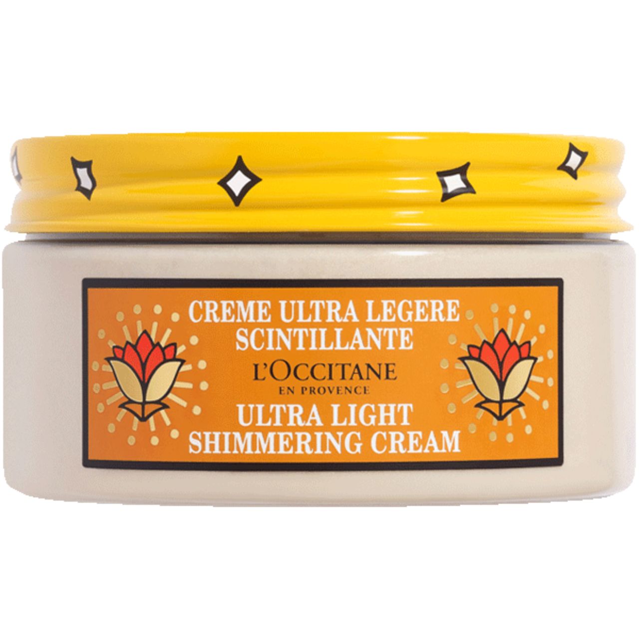 Beige Creme-Tiegel mit gelbem Deckel. Aufschrift: L'Occitane, Ultra Light Shimmering Cream.