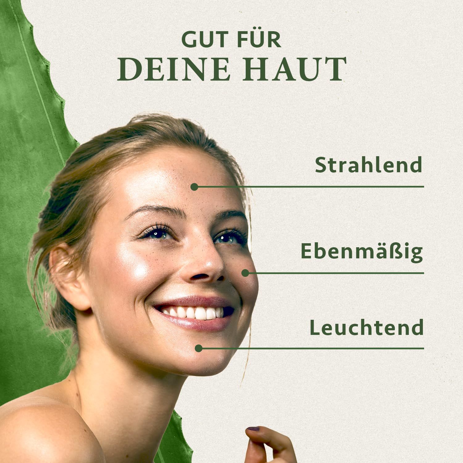 Lächelnde Frau. Text: Gut für deine Haut. Strahlend, ebenmäßig, leuchtend. Punkte auf Gesicht markieren Bereiche.