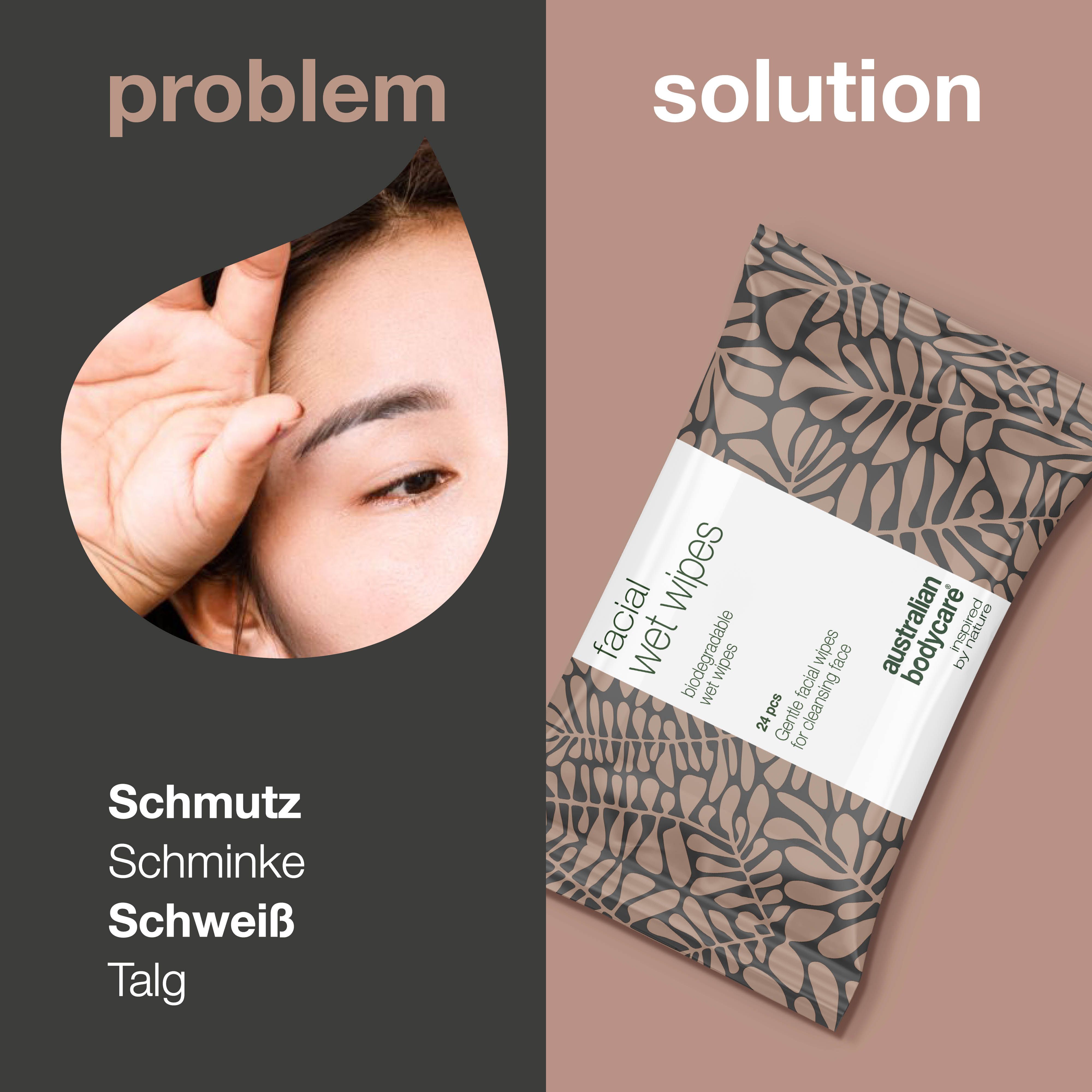Vergleich: Problem (Schmutz, Make-up, Schweiß, Talg) und Lösung: Abschminktücher von Australian Bodycare.