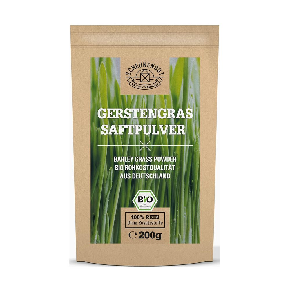 Scheunengut Gerstengrassaft Pulver Bio in brauner Papiertüte, 200g.