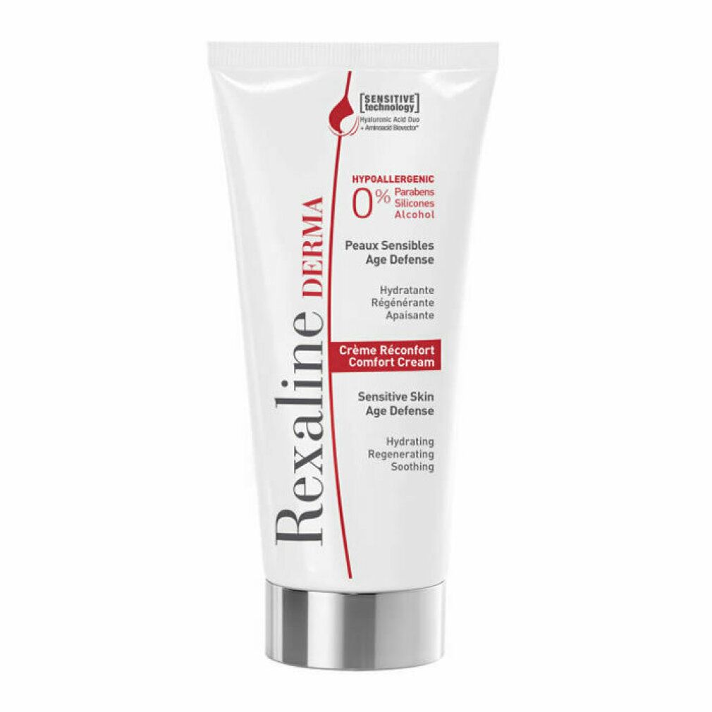 Weiße Tube mit silbernem Verschluss. Aufschrift: Rexaline Derma, Crème Réconfort, Sensitive Skin Age Defense, 0% Parfums, Parabens, Silicones, Alcohol.