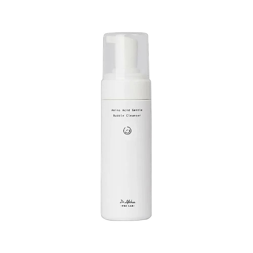 Weiße Flasche mit Produktnamen und Smiley-Gesicht. Aufschrift: Amino Acid Gentle Bubble Cleanser.