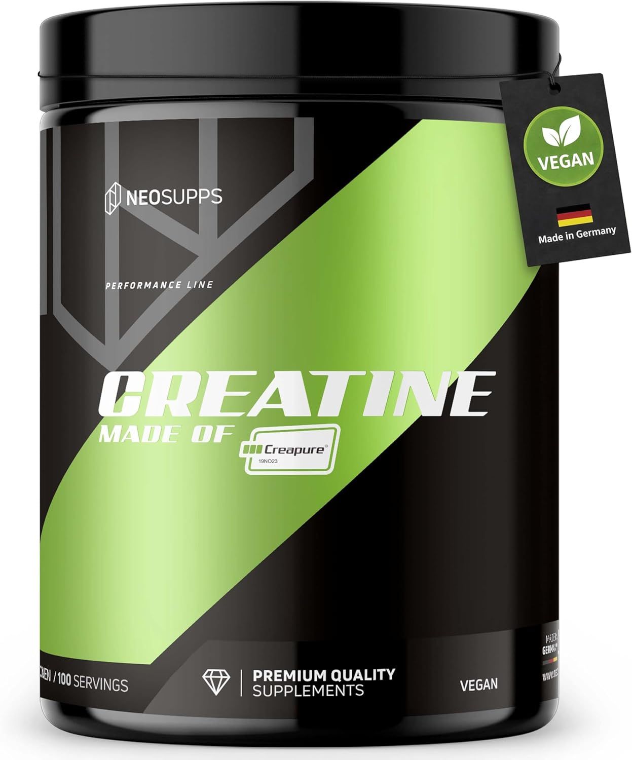 Schwarze Dose mit grünem Streifen. Aufschrift: Creatine Made of Creapure®. Anhänger: Vegan, Made in Germany.
