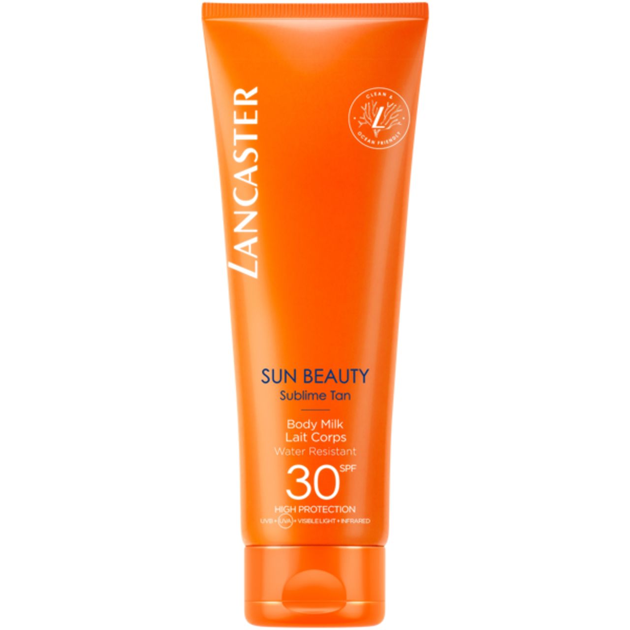 Lancaster Sun Beauty Sublime Tan Body Milk SPF30 in orange Tube. Wasserfest.