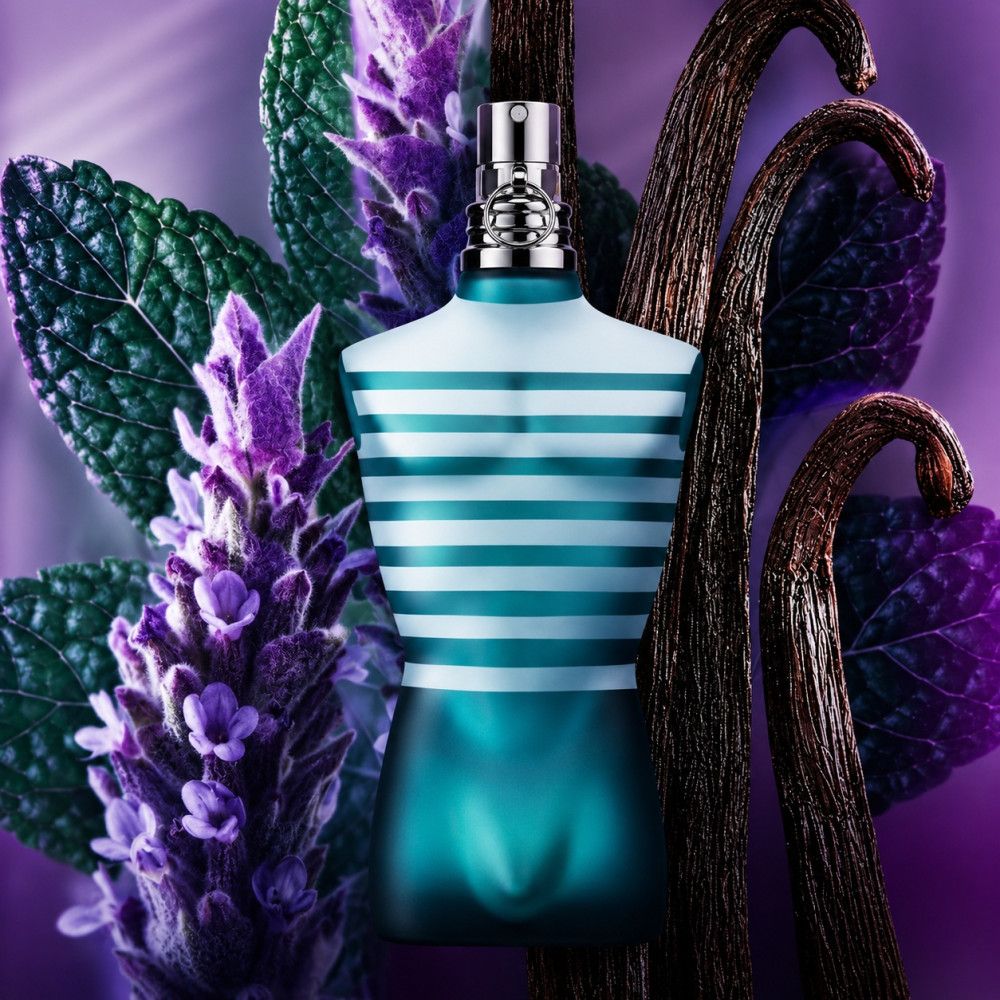 Jean Paul Gaultier Le Male Eau de Toilette Flakon umgeben von Lavendel und Vanilleschoten.