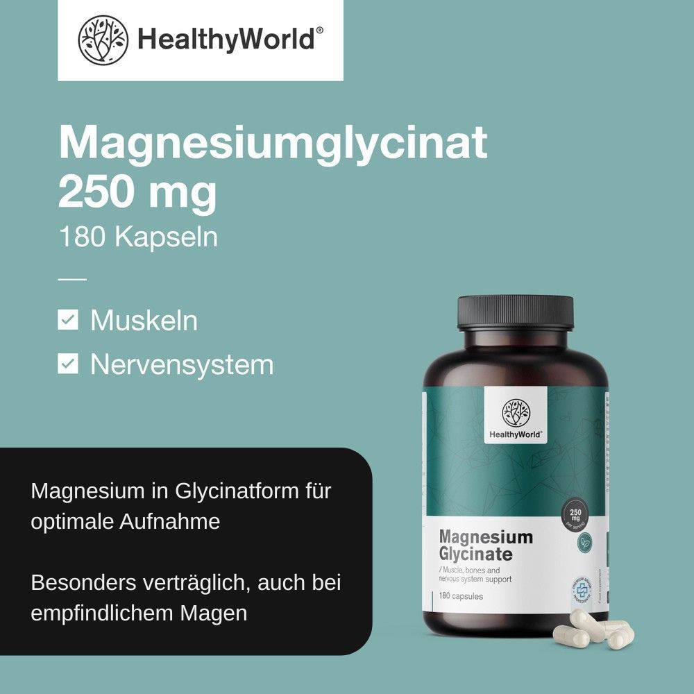 Flasche Magnesiumglycinat. Text: Magnesiumglycinat 250 mg, 180 Kapseln. Muskeln, Nervensystem. Gut verträglich.