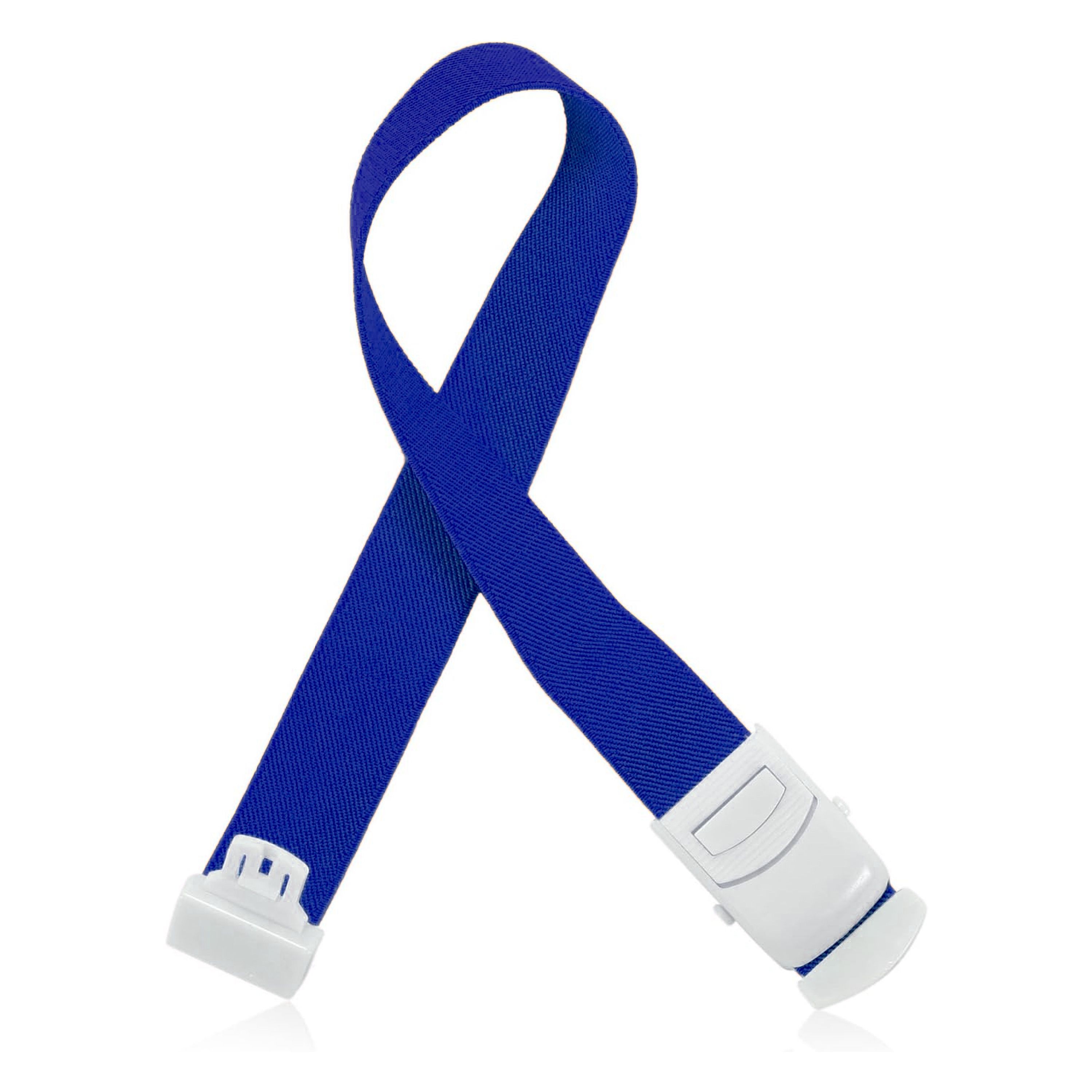 Blaues Tourniquet mit weißem Verschluss. Metall- und latexfrei.