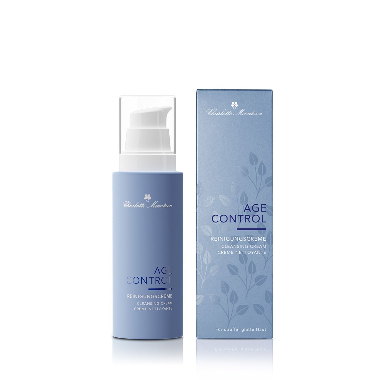 Blau-weiße Flasche mit Spender und Karton. Aufschrift: Age Control, Reinigungscreme, Charlotte Meentzen. Für reife, glatte Haut.
