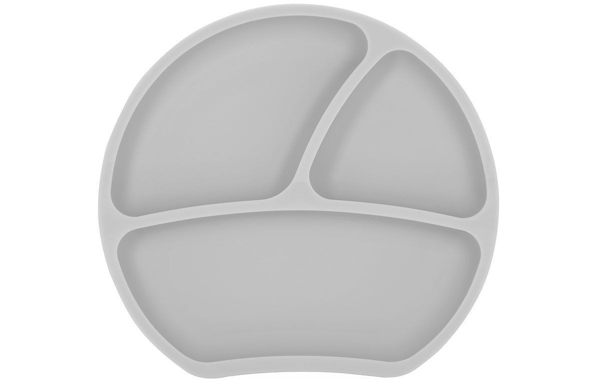 Taupe Teller mit drei Fächern. Runde Form, aus Silikon.