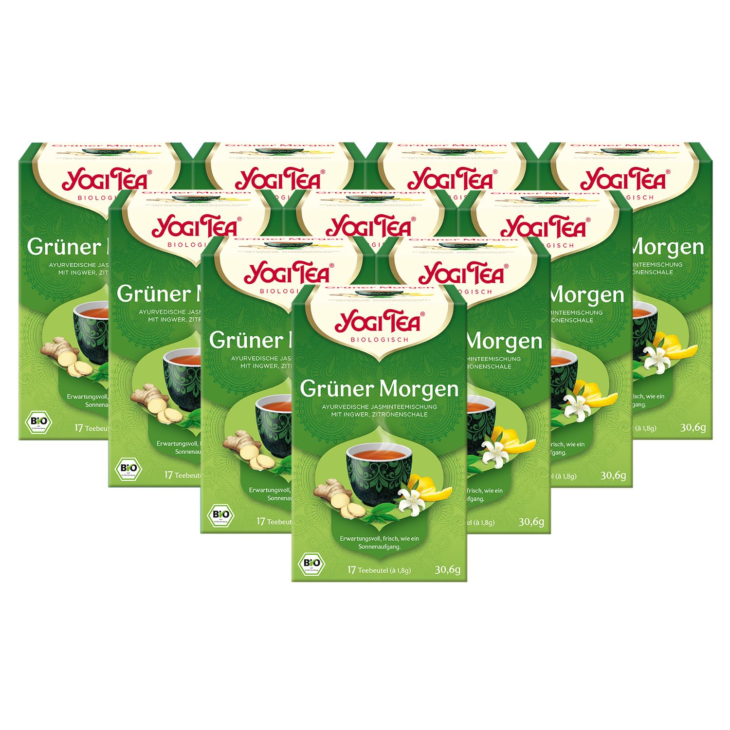 Mehrere grüne Yogi Tea Schachteln. Aufschrift: Grüner Morgen. Mit Logo und Bio-Siegel. Abgebildet sind Tasse, Ingwer und Blüten.