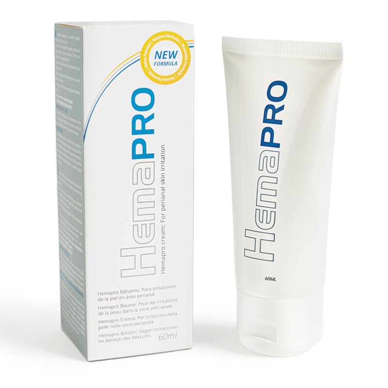 HemaPRO Creme und Verpackung. Weiße Tube und Karton mit blauem Logo. Text: HemaPRO, 60ml.