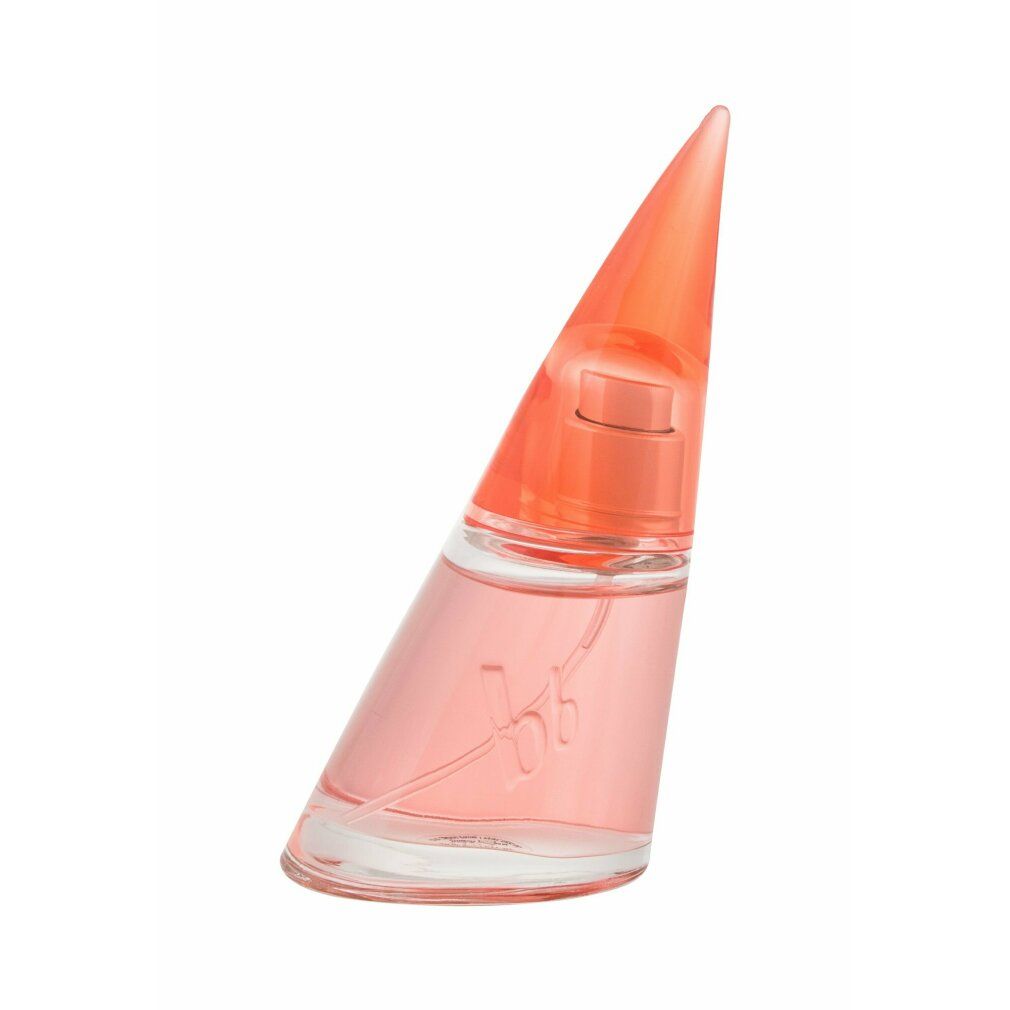 Schräger Flakon von "Bruno Banani Absolute Woman". Transparenter Glasflakon mit pinkfarbener Flüssigkeit. Orangefarbener Verschluss.