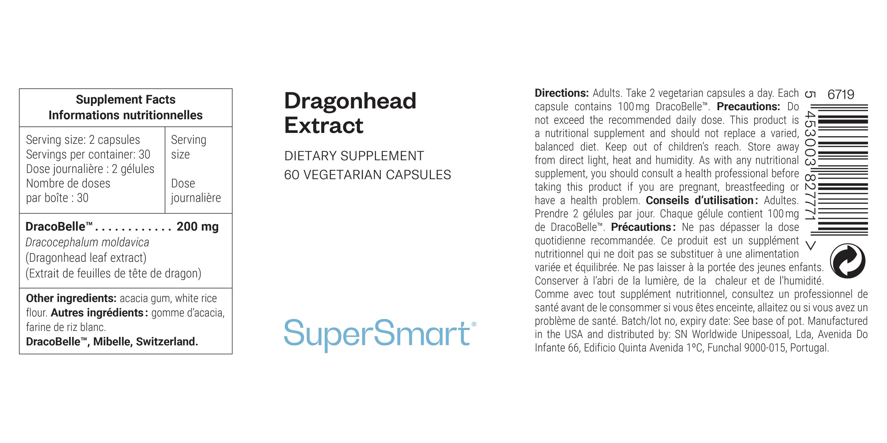 Etikett mit Informationen. Aufschrift: Dragonhead Extract, Dietary Supplement, 60 Vegetarian Capsules. Marke: SuperSmart. Inhaltsstoffe.