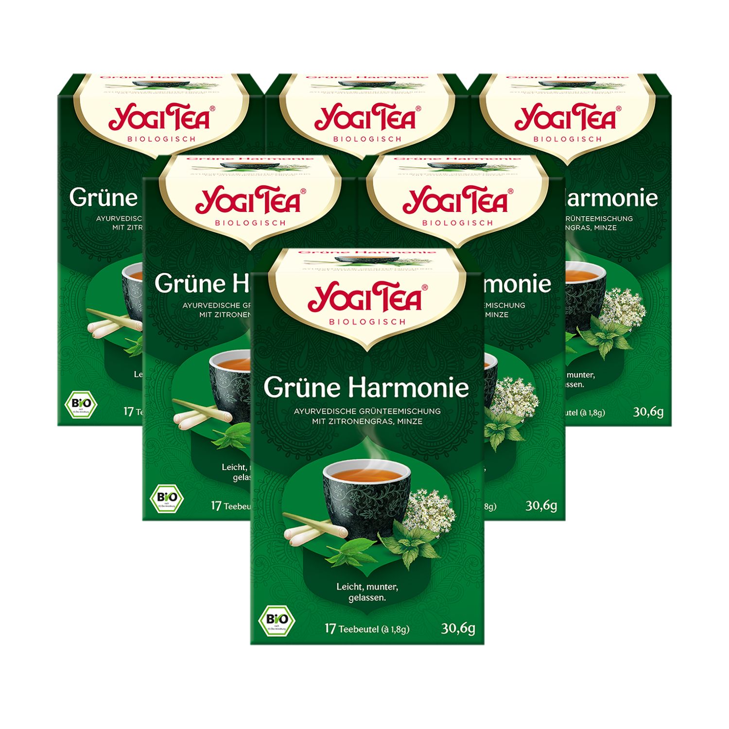 Mehrere grüne Tee-Schachteln, Yogi Tea, Grüne Harmonie, Bio. Aufdruck: 17 Teebeutel, 30,6g. Bio-Siegel.