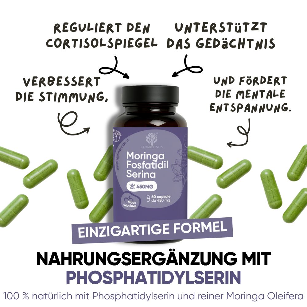 Flasche mit Moringa-Kapseln, 450mg pro Kapsel. Enthält 60 Kapseln.