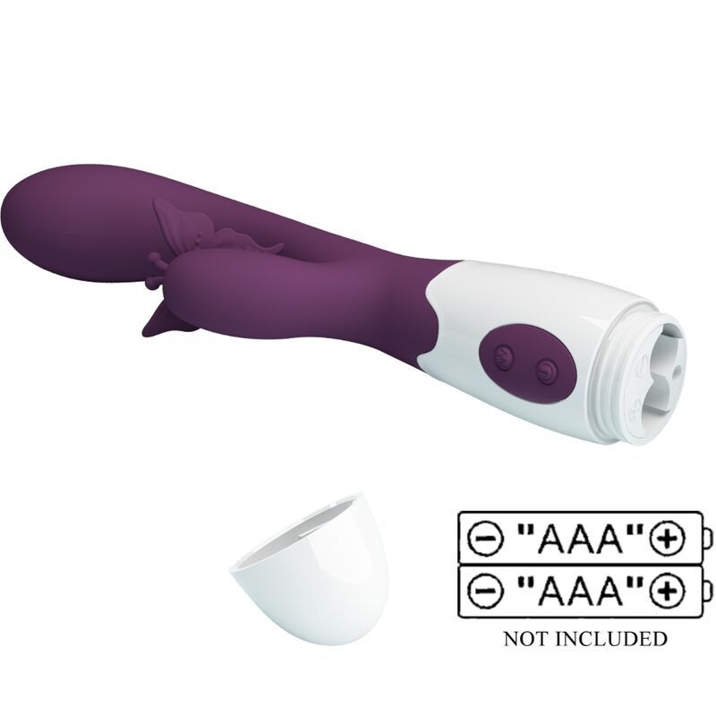 Lila Vibrator mit weißem Griff. Batteriefach offen, Batterien nicht enthalten. 'AAA' Batterien benötigt.