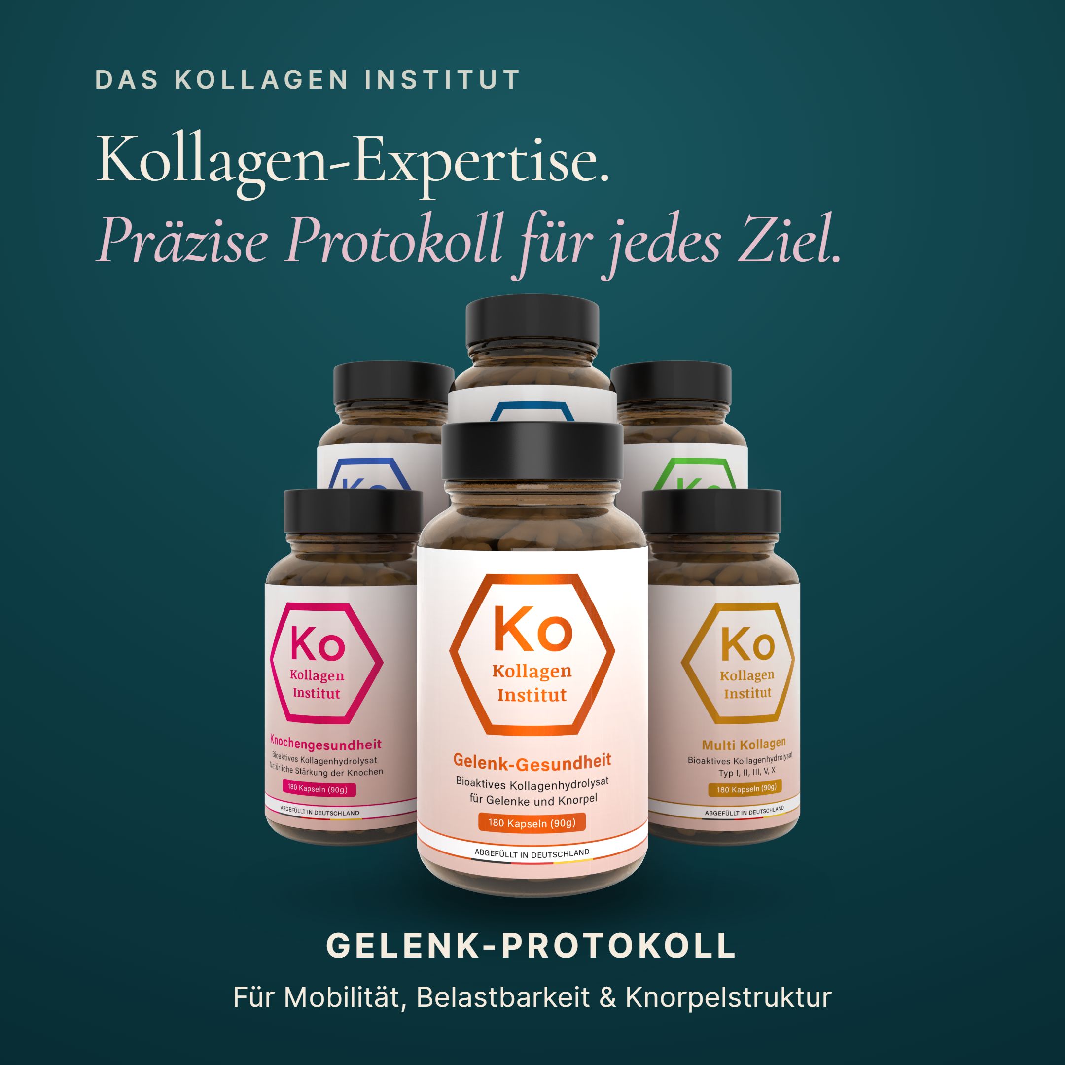 Fünf braune Glasflaschen mit Kollagenkapseln, gruppiert vor einem dunklen Hintergrund. Das Etikett zeigt das Logo 'Ko Kollagen Institut'.