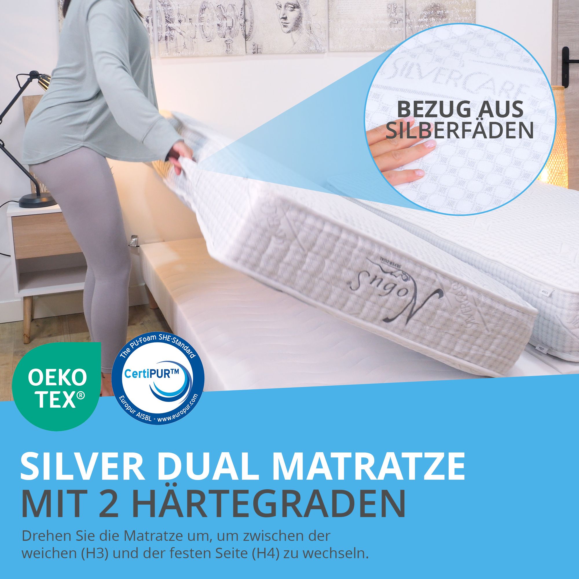 Matratze mit silbernem Bezug, wird auf ein Bett gelegt. Zertifikate OEKO-TEX und CertiPUR.