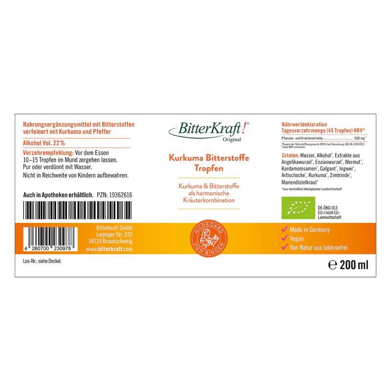 Produktetikett mit Informationen: Kurkuma Bitterstoffe Tropfen, Inhaltsstoffe, Hersteller. Bio-Siegel, 200 ml Flasche.