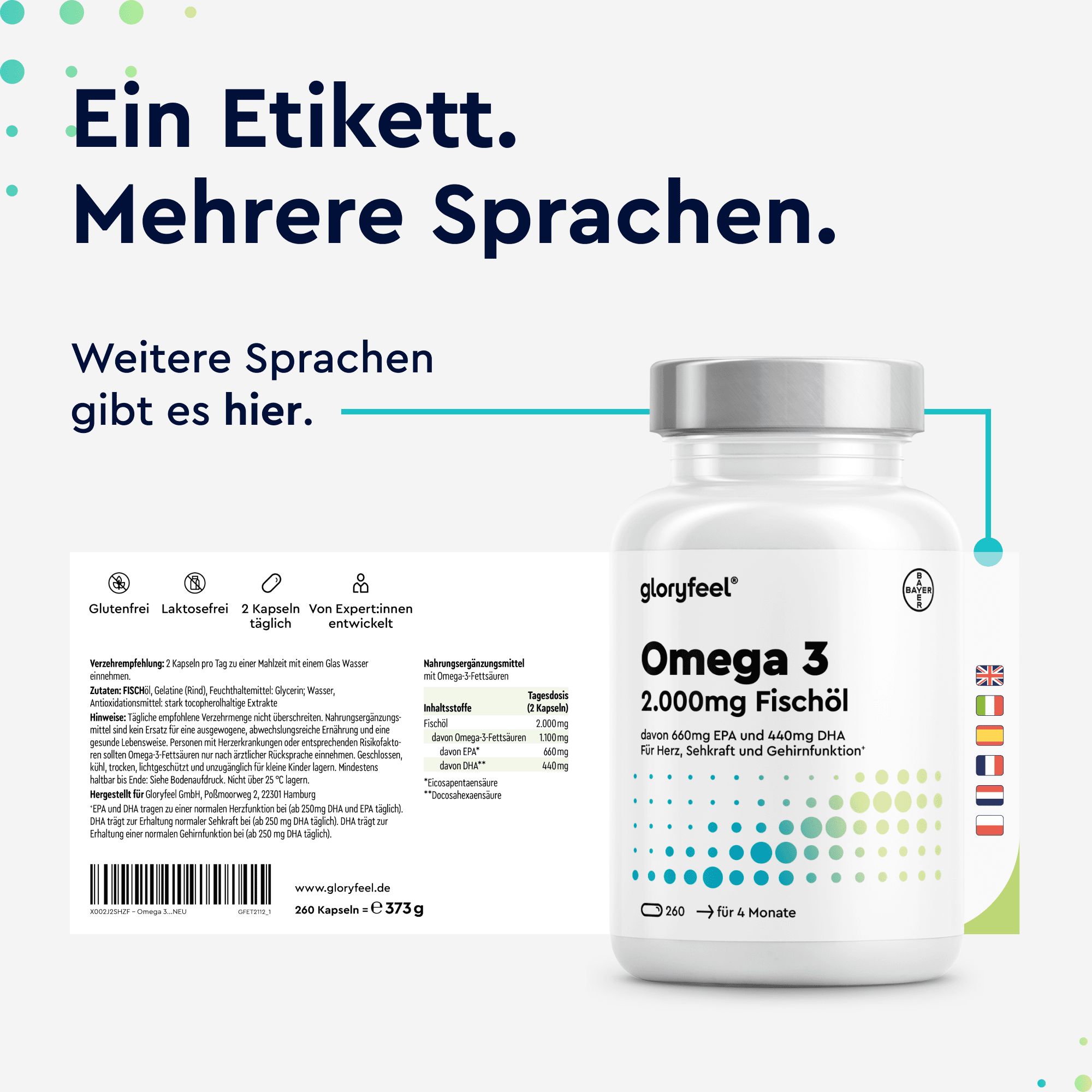 gloryfeel ® Omega 3 Fischöl 660mg EPA und 440mg DHA Kapseln