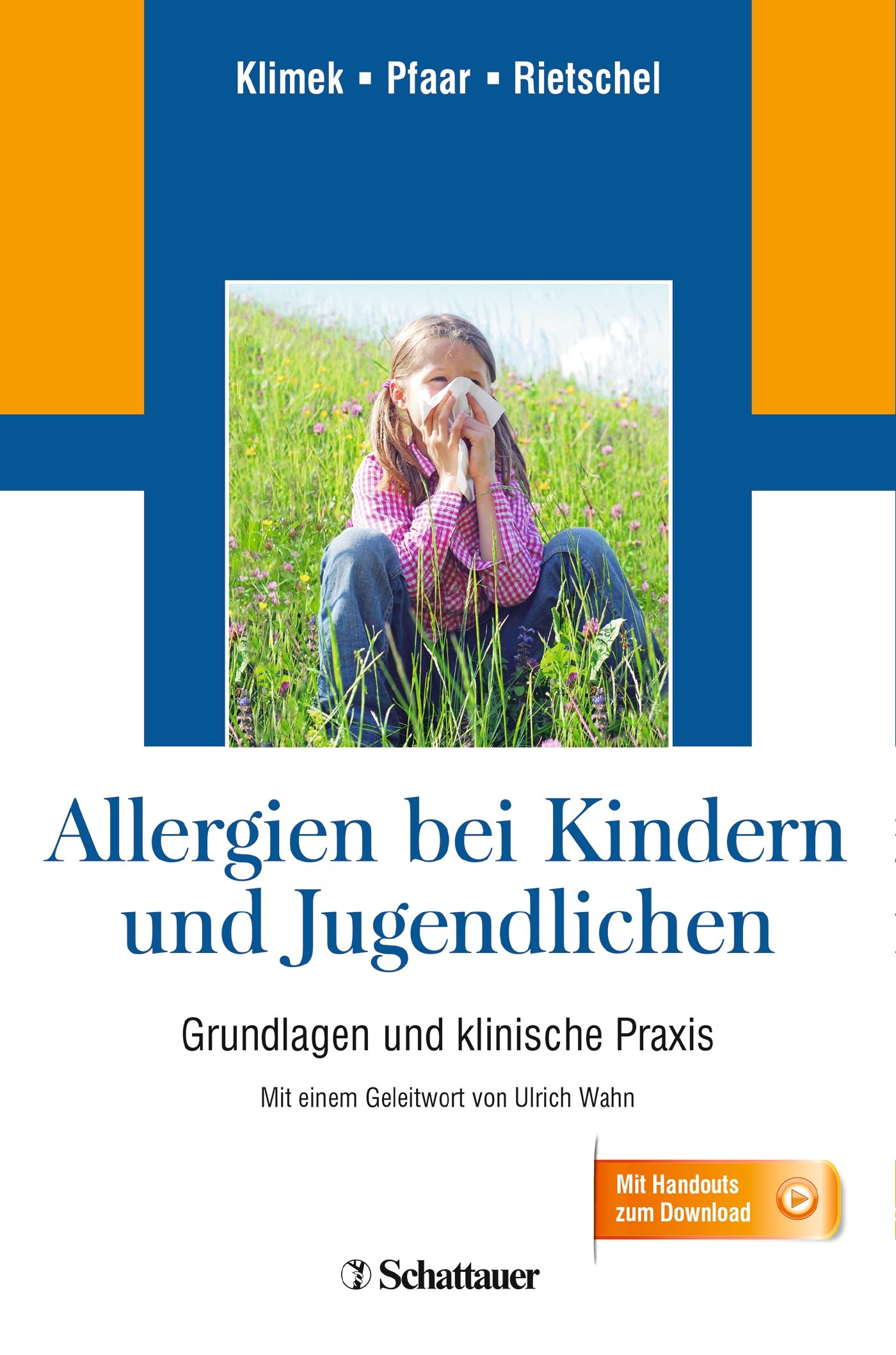 Buchcover: Allergien bei Kindern und Jugendlichen. Titel, Autoren, Verlag Schattauer. Kind mit Taschentuch im Gras.