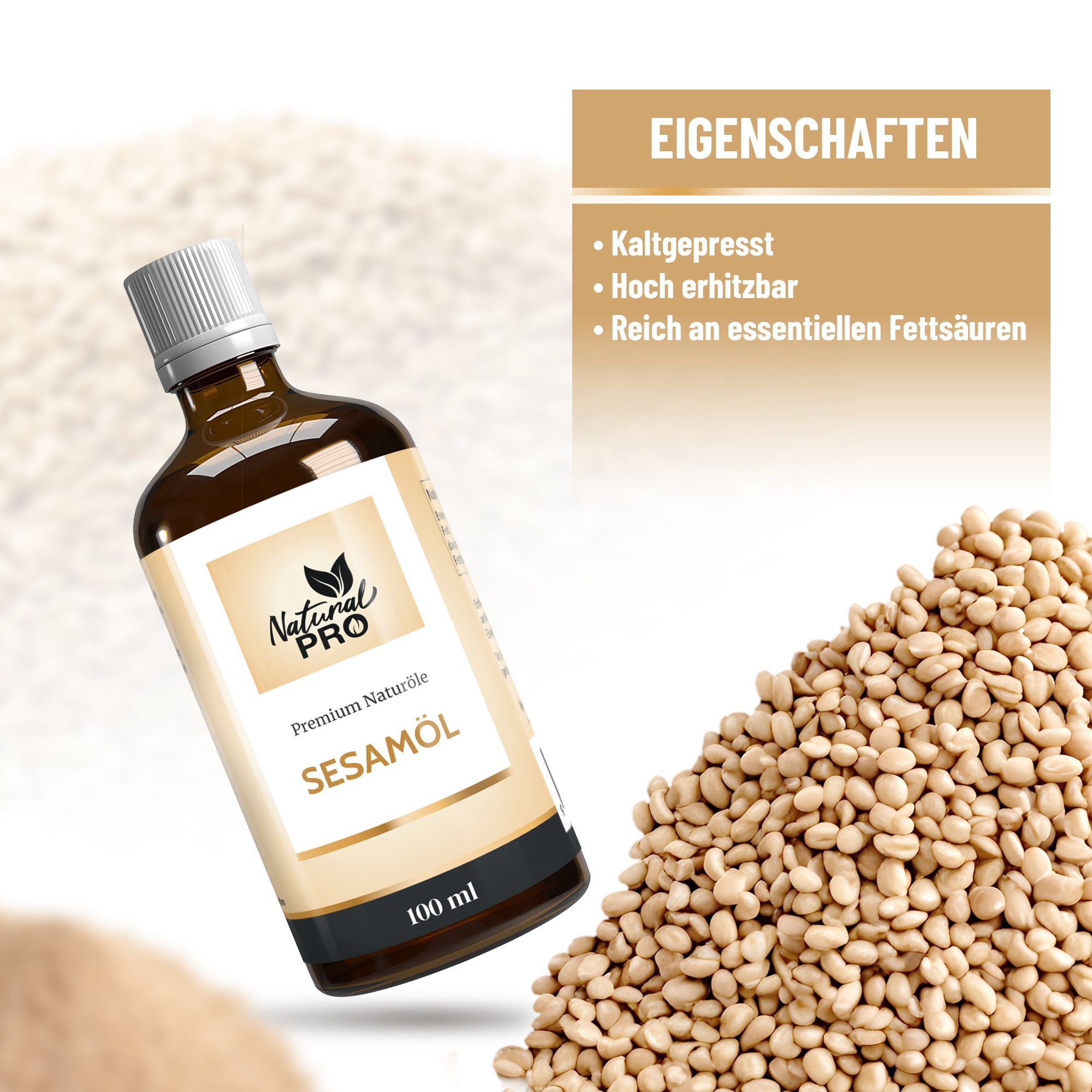 Braune Glasflasche mit Sesamöl. Aufschrift: Natural Pro Sesamöl. Daneben Sesamkörner und Text: Eigenschaften.