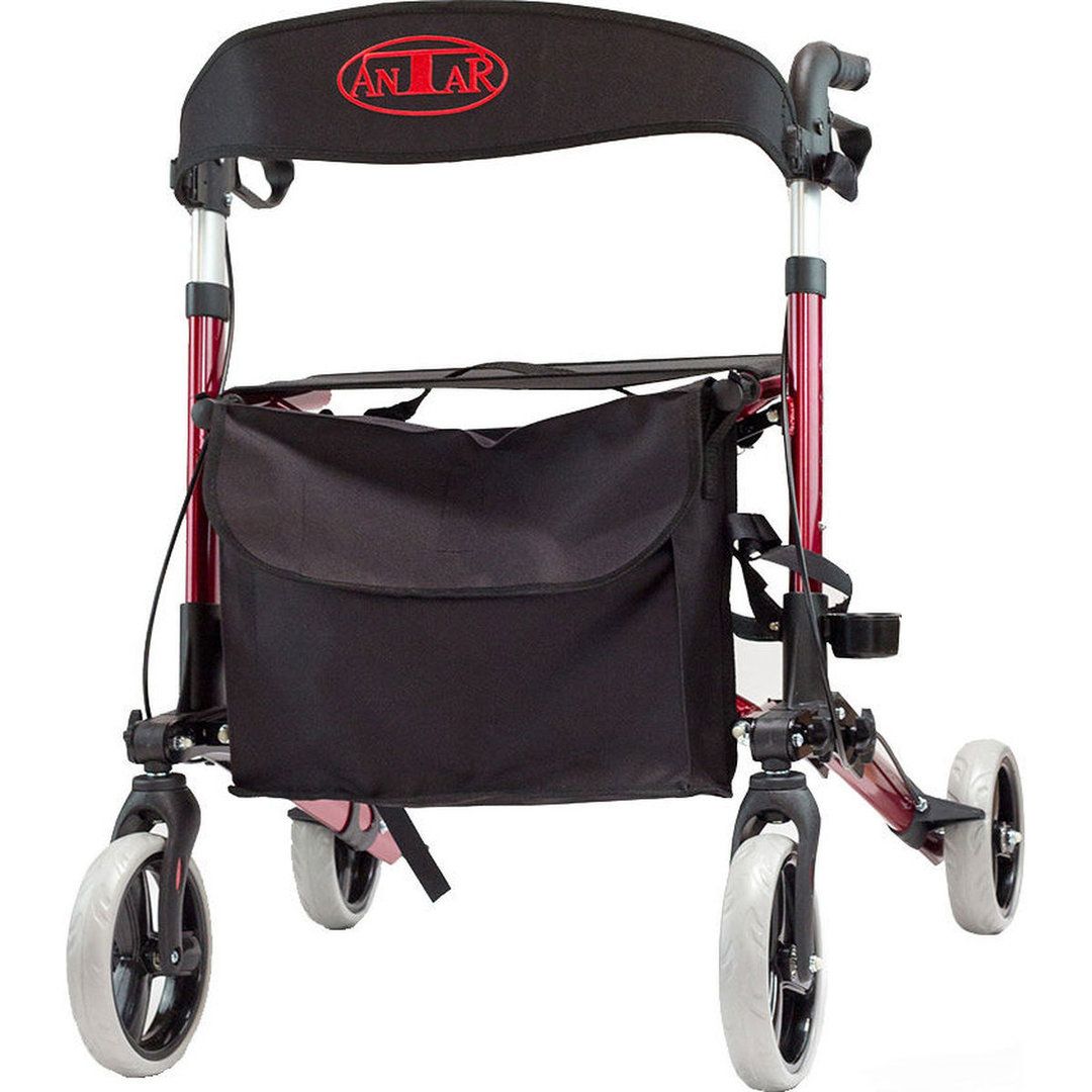 Antar Rollator Leichtgewicht Komplett-Set mit Gurt, Stockhalter und Tasche Farbe Rot