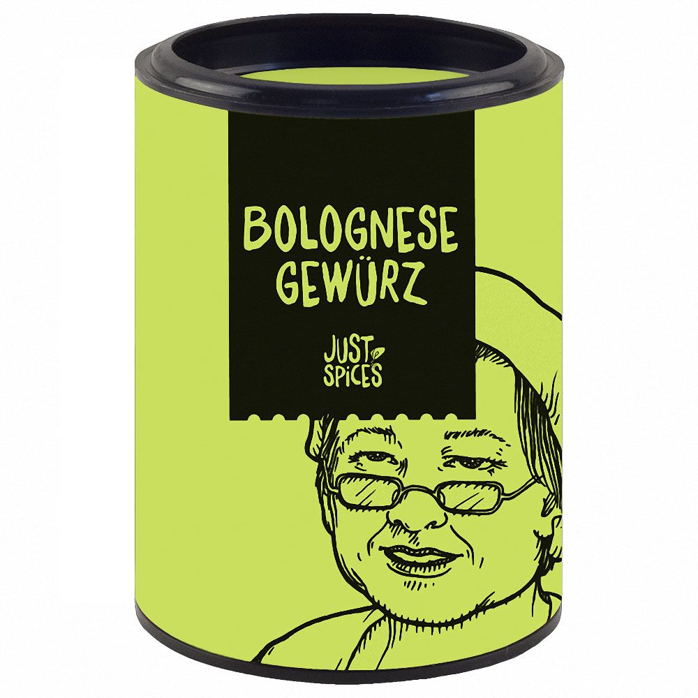 Zylindrische Dose mit Bolognese Gewürz. Schwarzer Deckel, grüne Dose mit Aufdruck. Aufdruck: Bolognese Gewürz, Just Spices.