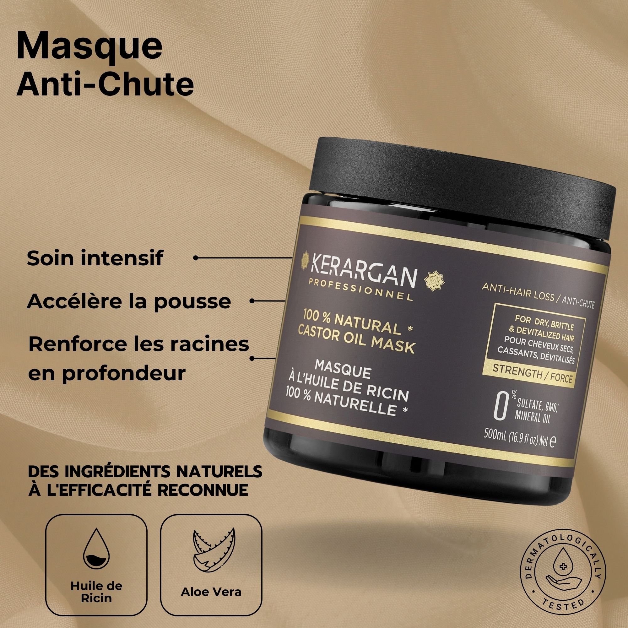 Masque Kerargan. Pot noir avec étiquette. Texte : 100% Natural Castor Oil Mask. Anti-chute. 500ml.