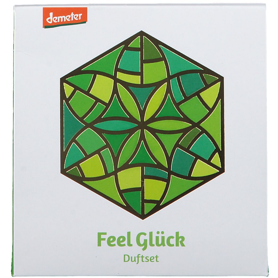 Quadratische Verpackung von TAOASIS® Baldini Feelglück Duftset. Grünes geometrisches Muster. Demeter-Logo.