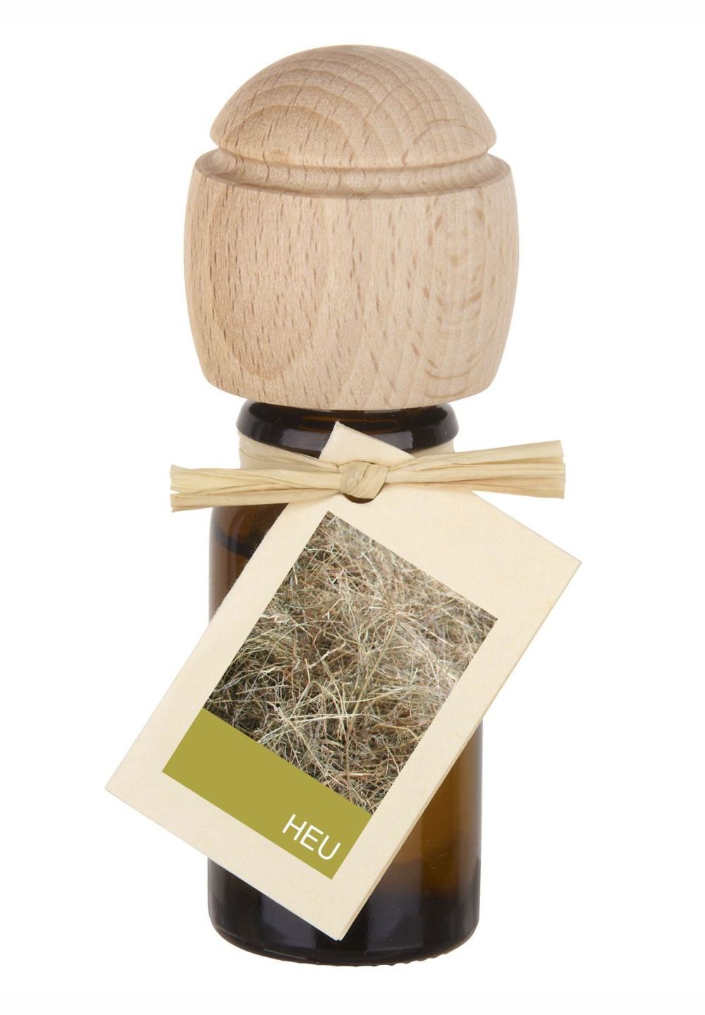 Braune Glasflasche mit Holzverschluss und Anhänger. Anhänger mit Heu-Abbildung und Aufschrift "HEU".
