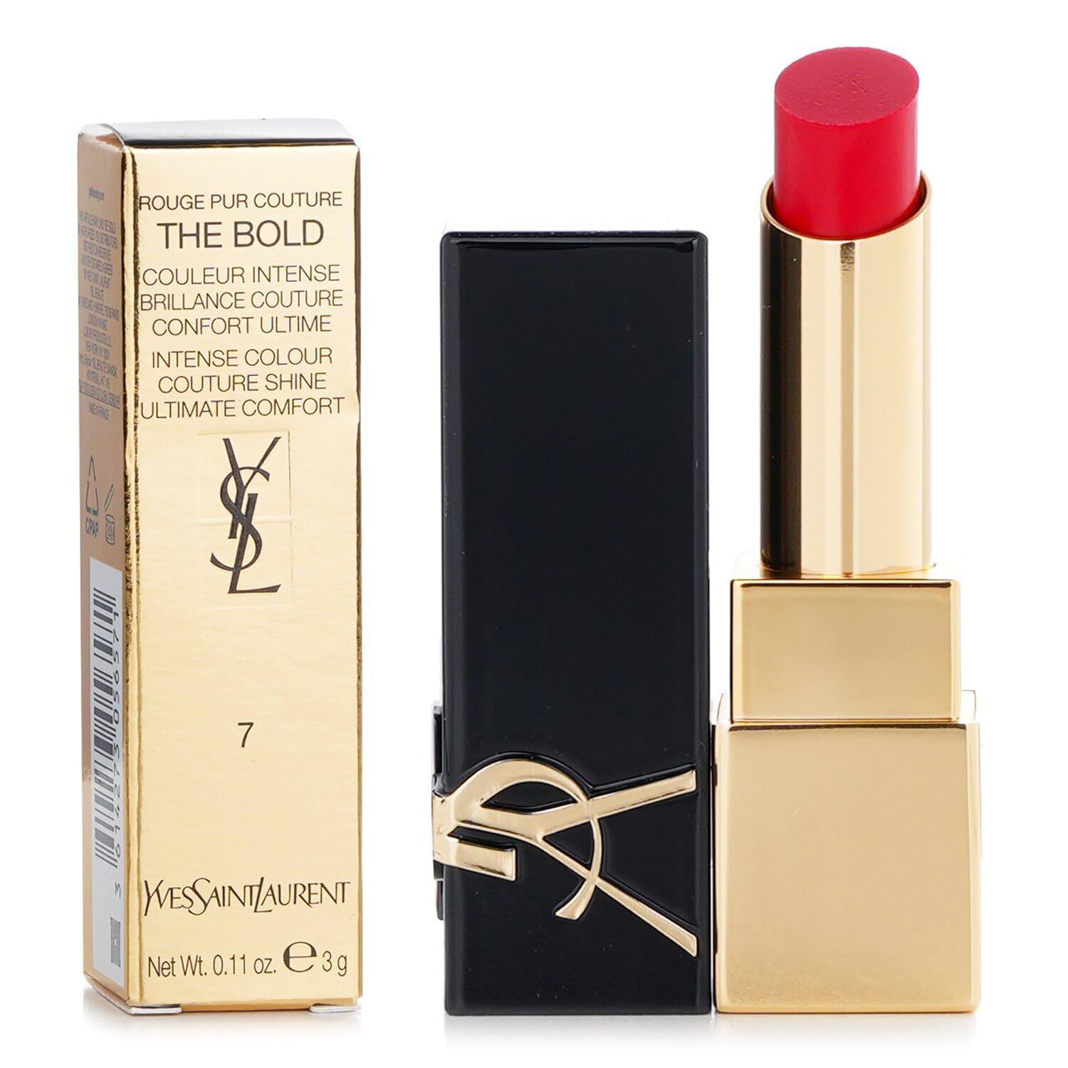 Roter Lippenstift mit goldfarbenem Gehäuse, daneben schwarze Kappe und goldene Verpackung. YSL-Logo sichtbar. Nummer 7.